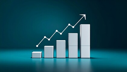 3D bar graph with rising columns and glowing arrow on dark teal background showing financial growth trend
