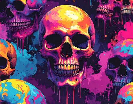 Vivid artwork featuring colorful skulls against a swirling backdrop - Powered by Adobe