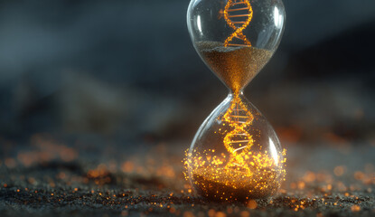 Hourglass with flowing golden sand and dna double helix illuminated within, symbolizing the passage of time and genetic evolution, close-animated movie shot