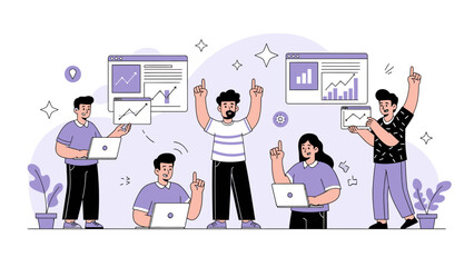 Teamwork Success: People Celebrating Business Growth and Data Analysis