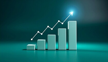 3D bar graph with rising columns and glowing arrow on dark teal background showing financial growth trend