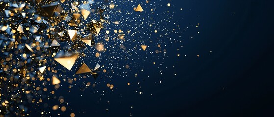 Abstract Gold Triangle Confetti on Blue Sparkling Background