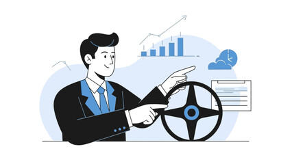 Businessman steering wheel, business growth, strategy, leadership, financial success concept