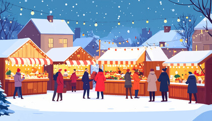 Fototapeta premium Enchanting winter market scene under a snowy night sky, vibrant stalls illuminated by warm string lights, bustling with happy people enjoying the festive holiday atmosphere