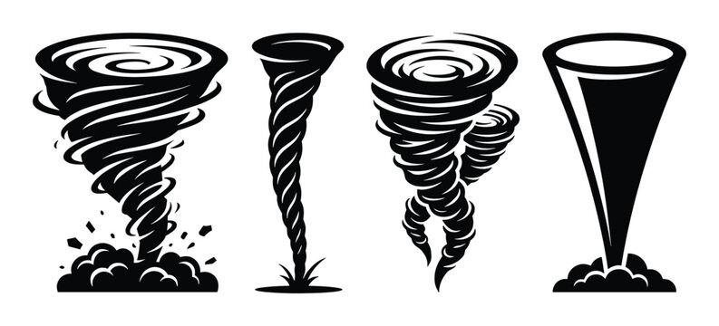 Tornado cyclone monochrome vector illustration set, whirlwind weather disaster