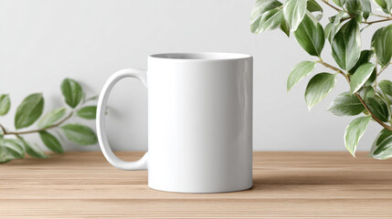 White mug ceramic coffee tea cup blank mockup minimal design template white mug mockup on wooden table with green plant leaves creating clean minimal scene for branding or product presentation