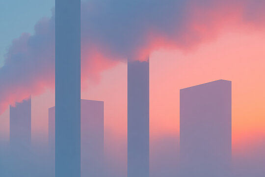 Abstract cityscape silhouette against a vibrant pink and orange sunset sky with clouds. Minimalist urban landscape with geometric building shapes blending into a dramatic twilight sky - Powered by Adobe