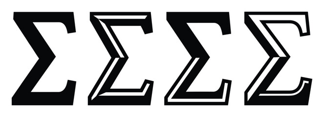 Four bold black sigma symbols graphic set. Greek letter design variations in a vector format.