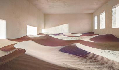 Surreal desert sand dunes filling an abandoned sunlit room with minimalist walls and window light