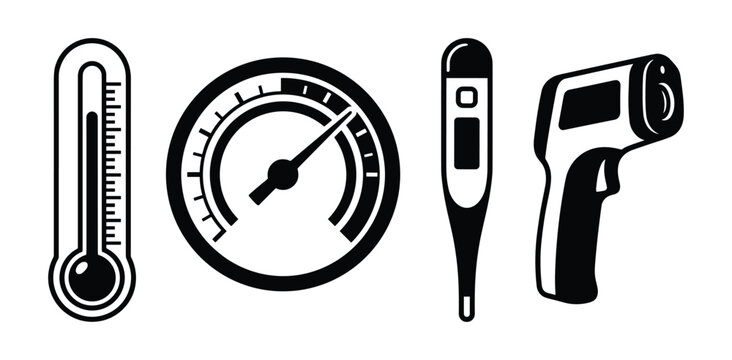 Four thermometers of different types. Medical equipment for temperature measurement. Vector isolated image.