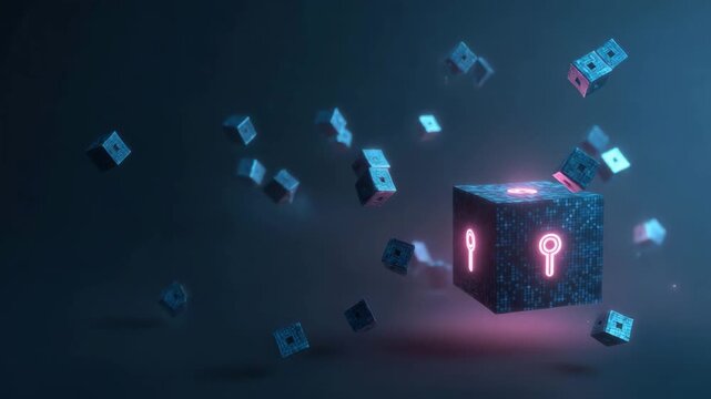 A digital concept image featuring floating cubes with illuminated keyhole design. The central cube is the focal point