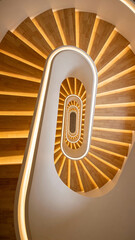 Top view of modern spiral staircase with warm wooden steps and integrated lighting in architectural interior