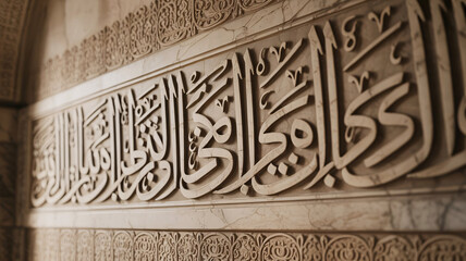 Intricate Arabic calligraphy on stone wall with ornate designs