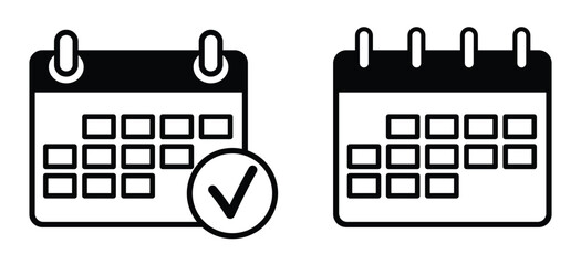 Calendar icons featuring a monthly grid view and a secondary version with a checkmark for scheduling and event planning