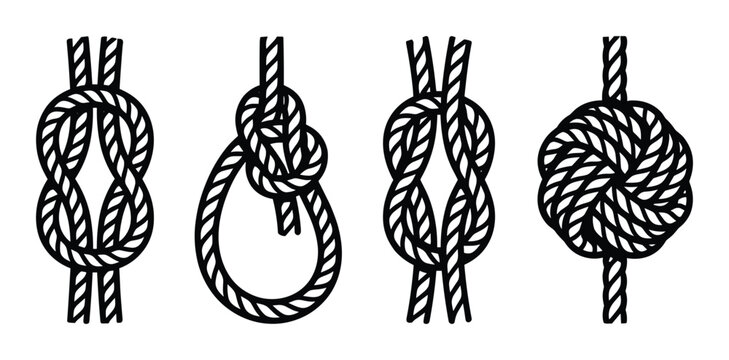 Illustration of rope knots. Includes several types of nautical knots on white background.