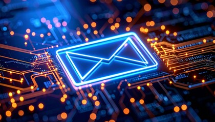 Glowing neon envelope icon on circuit board background symbolizing digital messaging and tech connectivity