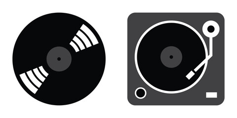 Vinyl Record and Retro Turntable Icon Set - Vintage Analog Music Player Vector Graphics for DJ, Hi-Fi Audio Design, and Music Enthusiasts