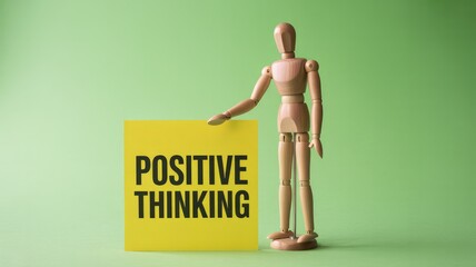 An articulated wooden mannequin model points to a bright yellow card with positive thinking text