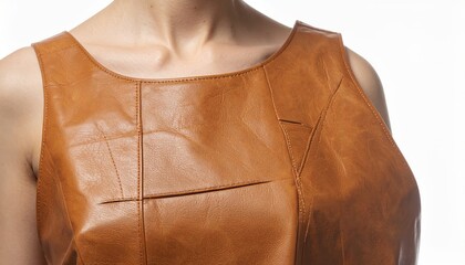 Detailed close-up texture shot of a stylish, modern sleeveless top or dress made from high-quality, rich tan or cognac genuine leather with precise geometric stitching and paneling.