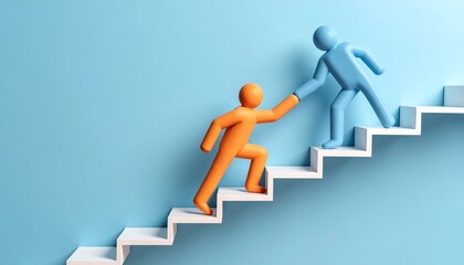 Orange figure climbing white stairs helped by blue figure on light blue background symbolizing mentorship and support