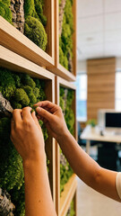 Person tending to green moss wall in modern office interior with natural wood and biophilic design elements