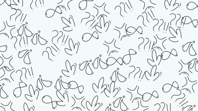 Scattered pattern of infinity, leaf, star, and question mark symbols. Ideal for backgrounds, prints, stationery, and educational resources.