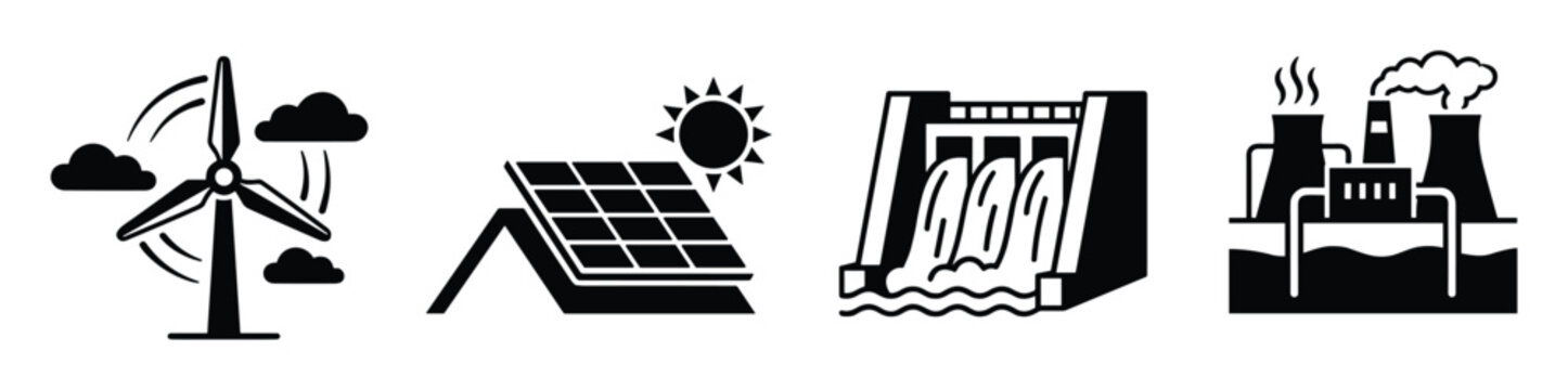 Illustrations of renewable and nonrenewable energy. Wind turbine, solar panel, dam, and thermal power plant.