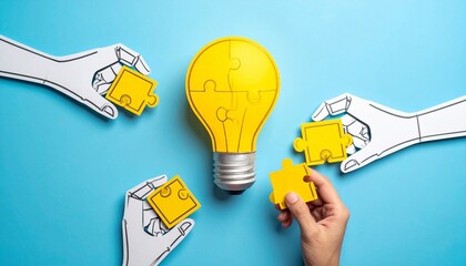 Hands assembling yellow puzzle pieces into a lightbulb on blue background, symbolizing teamwork and idea generation.