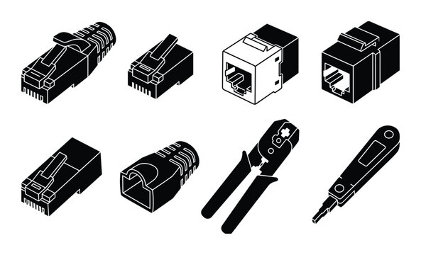 Isometric vector set of Ethernet connectors, jack modules, crimper, and punchdown tool for network cabling and installation.