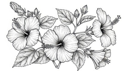 Fototapeta premium Botanical illustration with detailed hibiscus flowers and foliage for artistic creations