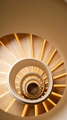 Top-down view of modern spiral staircase with wooden steps and smooth curved handrail in warm ambient light