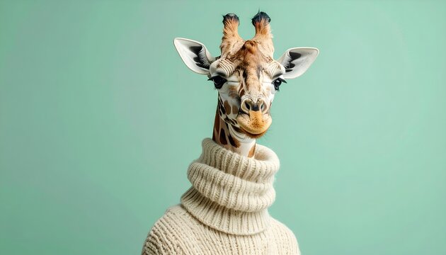 Surreal Giraffe with Turtleneck and Humans Standing on Head in Mint Green Background