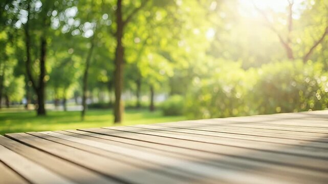 Empty wooden table in a sunny park with green trees and soft light.