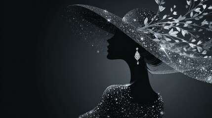 Elegant Black and White Woman Silhouette with Glittering Hat and Diamond Accents