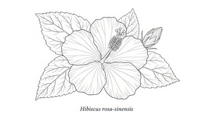 Detailed hibiscus line drawing showcasing delicate flower petals and leaf venation against white