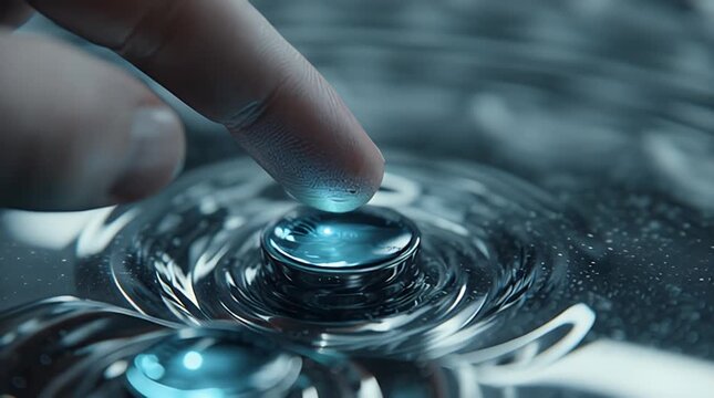 Finger presses glowing blue button, activating futuristic interface with digital ripples, symbolizing advanced touch technology and control