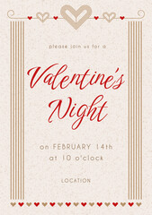 Vintage Valentine's night party invitation template. Editable stroke vector design with art deco frame and hearts. Layout for flyers, social posts and banners.