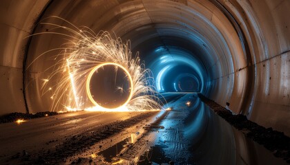 Long exposure shot of steel wool spinning in a tunnel creating bright sparks