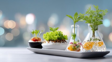 Fresh Herb and Vegetable Presentation on Plate with Laboratory Glassware and Urban Background