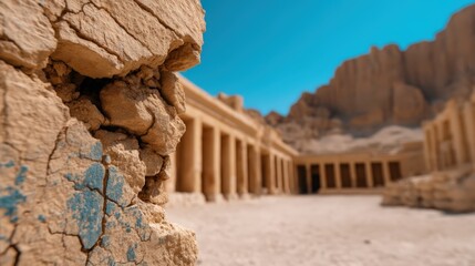 A close-up view of textured ancient stonework with a backdrop of tall columns and a mountainous landscape under a bright blue sky.