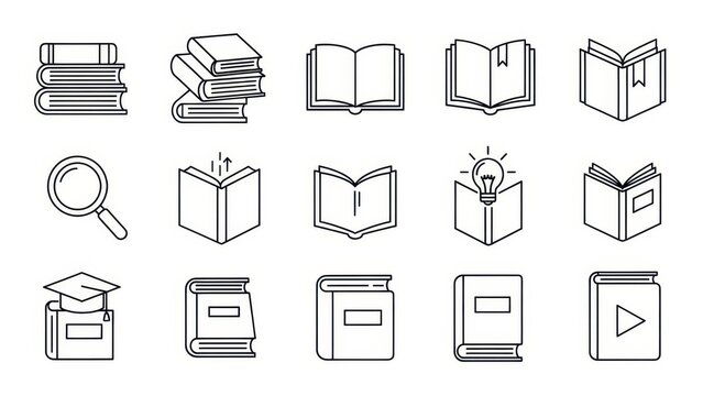 Minimalistic education linear icon set showcasing literature and academic research symbols for