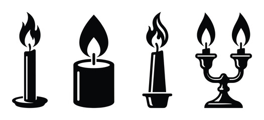 Fototapeta premium Set of flame vector icons. Black candles design, candelabra with flames. Lighting illustrations.
