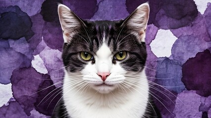 Striking black and white cat with intense green eyes against a vibrant purple watercolor background.
