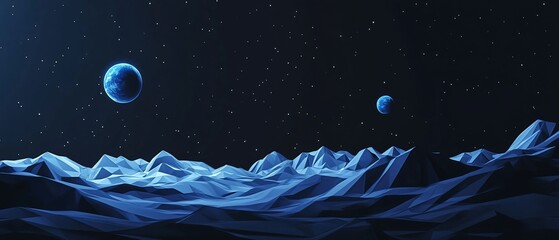 Vast Abstract Landscape with Planets and Stars in Night Sky