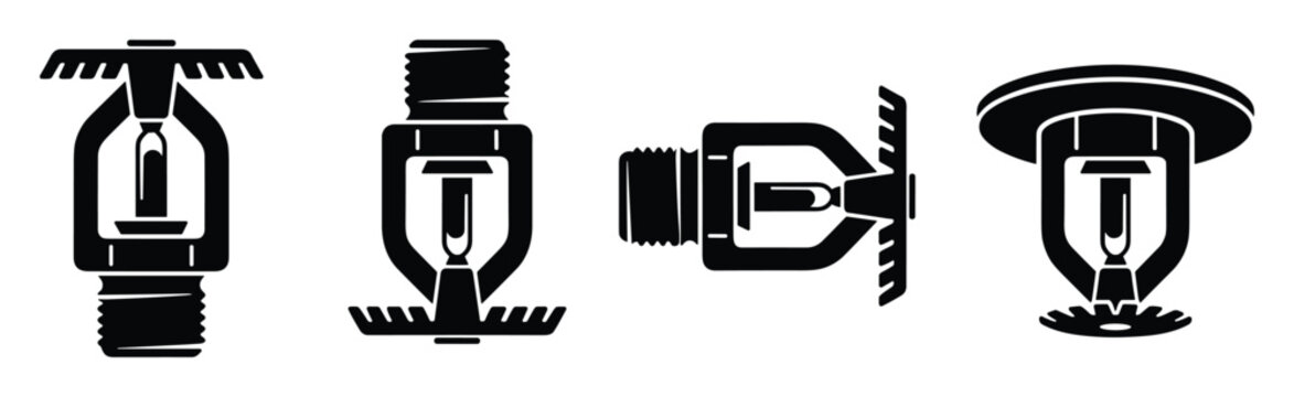 Set of four black and white vector icons of different fire sprinkler head designs in flat style.