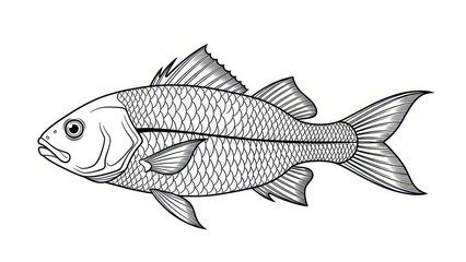 Obraz premium Detailed line art illustration of a fish with scales, fins, and tail in black and white design