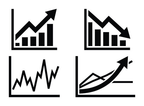 Set of four different style of graphs with black lines that are showing positive and negative trends.