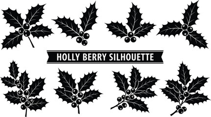 Holly berry silhouette vector set, black festive icons, Christmas leaf and berry shapes, holiday botanical design, winter decoration graphic bundle © Ideasy Mind