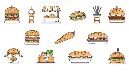 Variety of delectable fast food icons in linear style set against a clear white backdrop