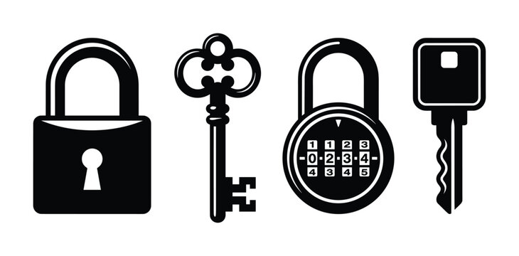 Set of padlocks and keys. Includes a keyed lock, a combination lock, a skeleton key and a modern key in black and white.